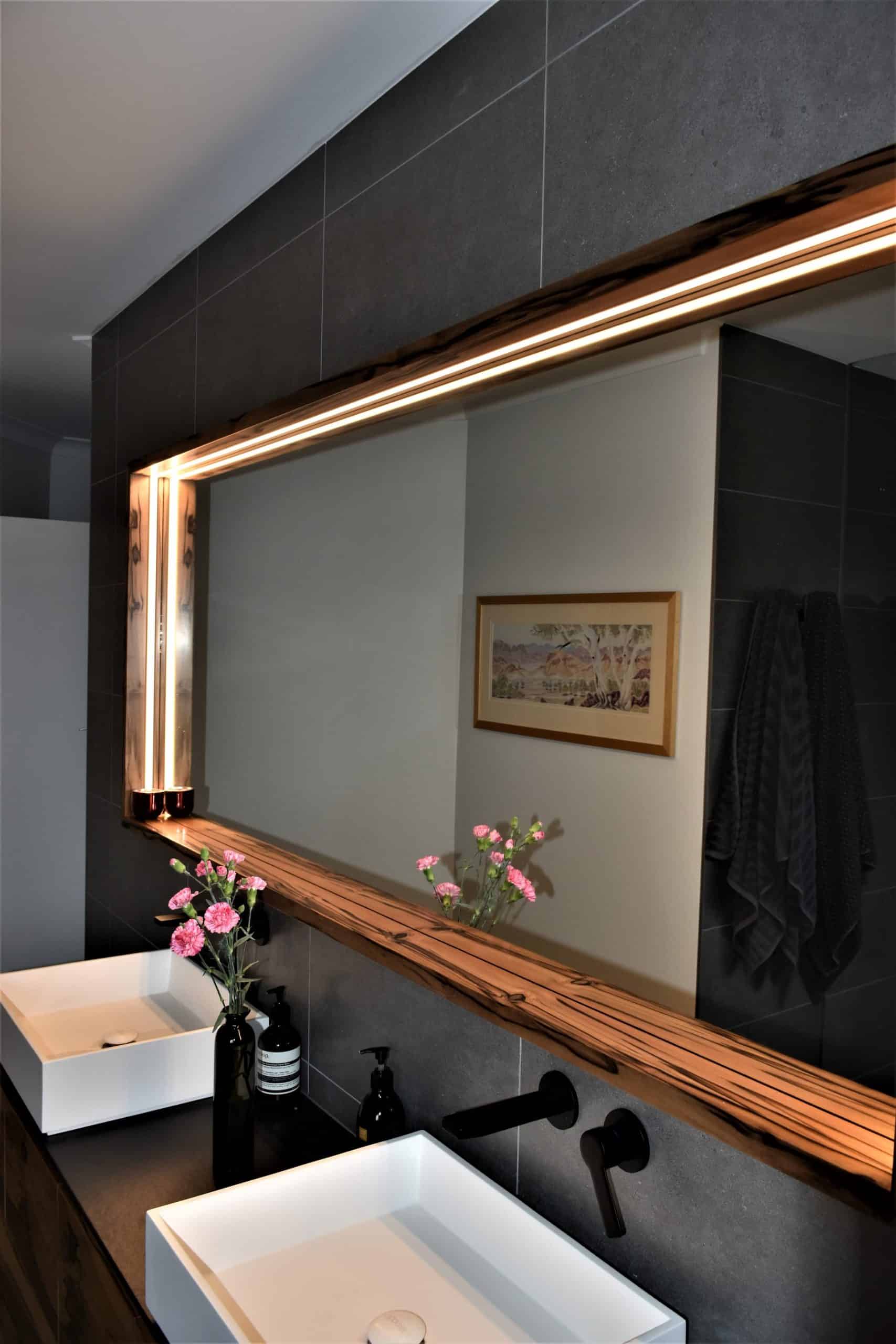 Live edge timber framed bathroom mirror with LED lighting