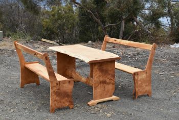 Birdseye fiddleback huon pine table with church pew style bench seats
