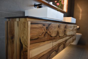 Floating Blackheart Sassafras timber vanity with dual basins